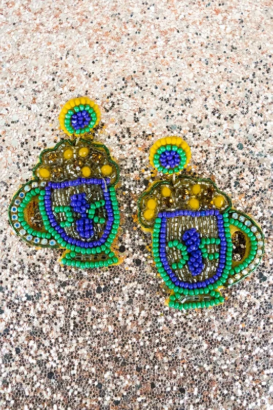 Crystal Drop Earrings for Sparkle -Viola Mardi Gras Cup of Cheer Seed Bead Earrings