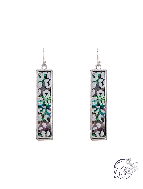 Lightweight Drop Earrings for All Day -Silver Abalone Illusion Print Bar Earrings