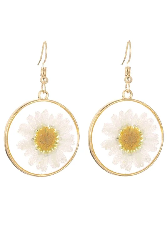 Retro Drop Earrings for Nostalgia -Crystal Avenue Shasta Daisy Pressed Flower Earrings