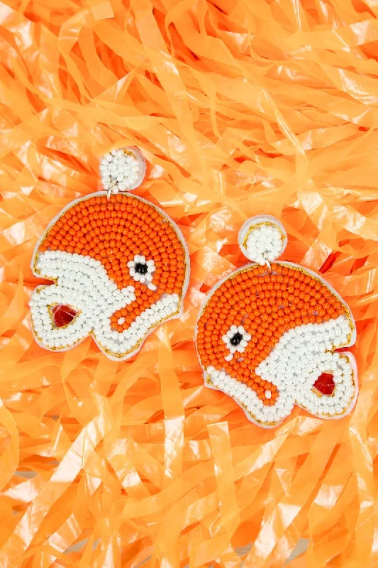 Drop Earrings for Gym Workout -Orange and White Seed Bead Football Helmet Earrings