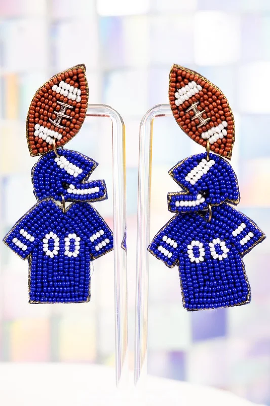 Magnetic Closure Drop Earrings for Easy -Blue and White Gameday Ready Seed Bead Earrings