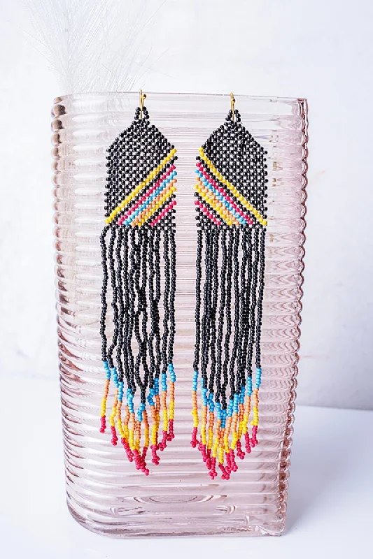 Drop Earrings for Graduation Day -SALE! Queen Creek Black Seed Bead Fringe Earrings