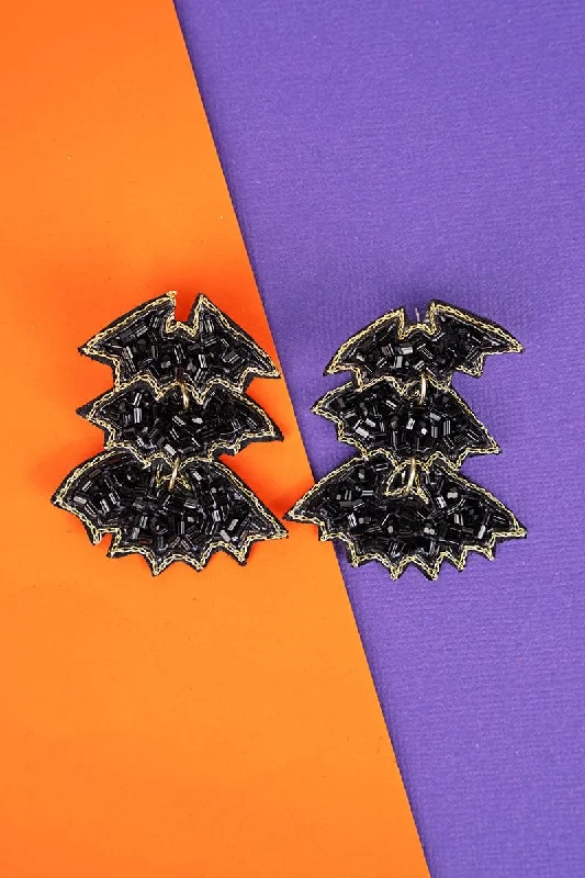 Drop Earrings with Abstract Designs -Fright Night Black Bat Seed Bead Earrings