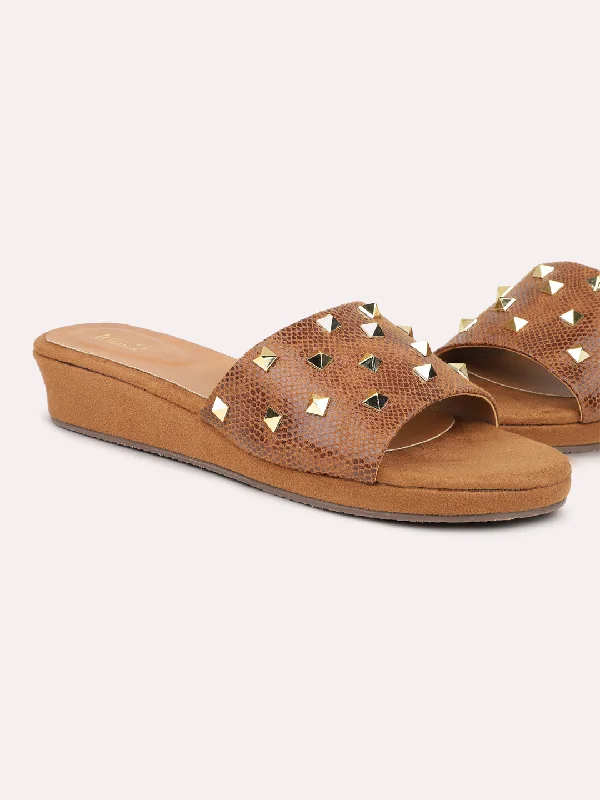 Comfortable sandals for men with cushioned footbed and supportive straps-Women Tan Square Metal Studded Wedges Heels