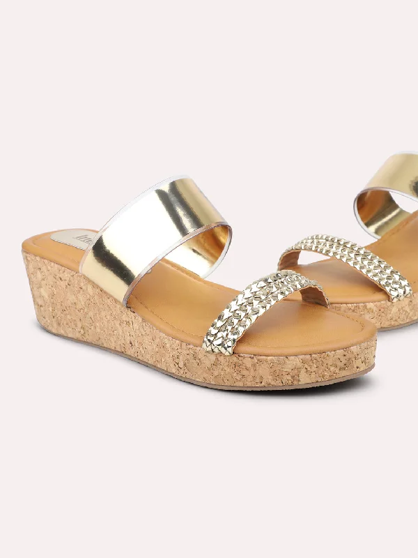 Elegant sandals for women with rhinestone accents and ankle straps for formal looks-Women Gold Embellished Wedge Heels