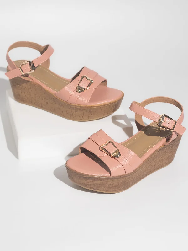 Trendy sandals for women with wedge heels and strappy design for casual chic-Women Peach Open Toe Platform Heels with Buckles