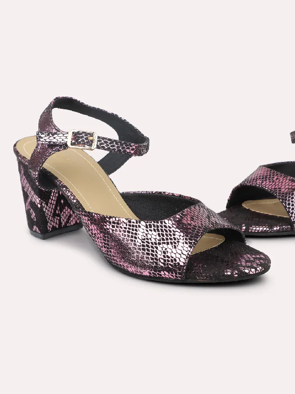 Trendy sandals for women with lace-up details and bold color accents for style-Women Pink Printed Peep Toes Block Heels