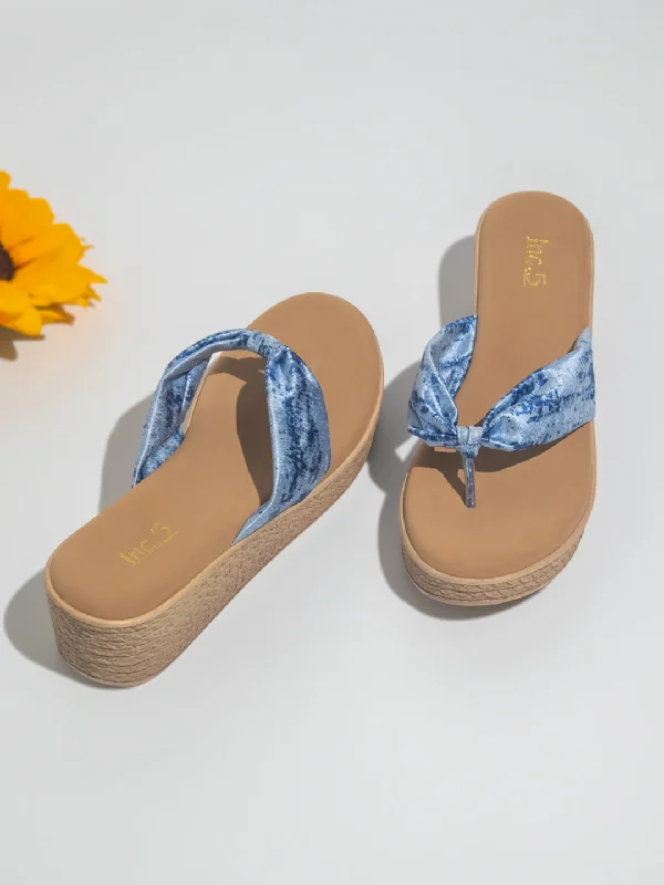 Casual sandals for women with cork footbed and supportive straps for comfort-Women Blue Print Wedge Heels