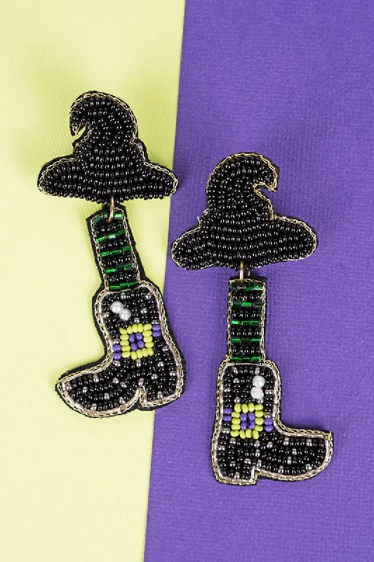 Drop Earrings with Keyhole Designs -SALE! Caution! Witch Crossing Black Seed Bead Earrings