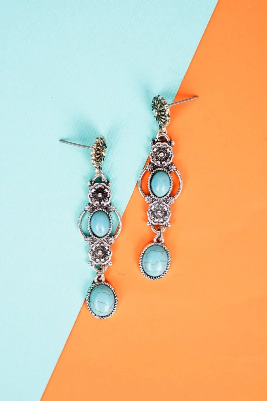 Drop Earrings for Fitness Activities -SALE! Turquoise and Silvertone Smoke Rise Earrings