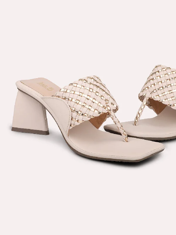 Stylish sandals for women with unique buckle details and flat design-Women Beige Textured & Colourblocked Block Heels