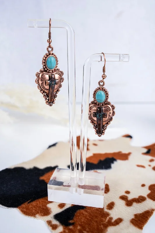 Drop Earrings with Embossed Patterns -SALE! Turquoise Bead and Burnished Coppertone Heart with Patina Cross Earrings