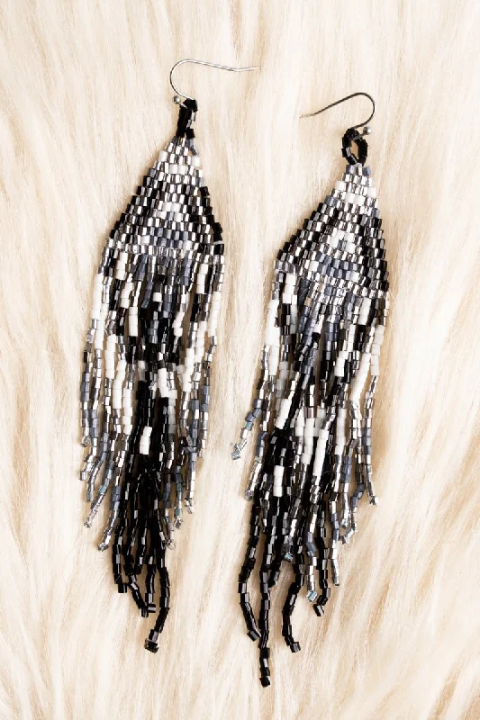 Lead Free Drop Earrings for Health -SALE! Over The Moon Black Multi Seed Bead Fringe Earrings