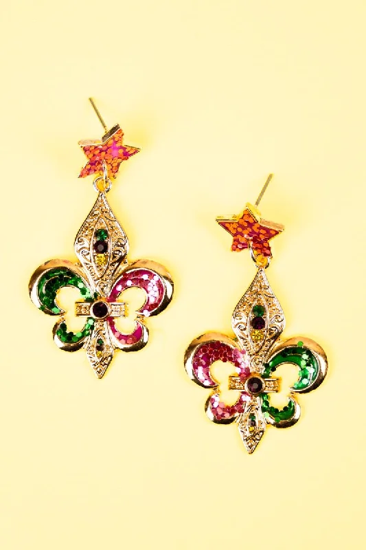 Heavy Duty Drop Earrings for Durability -Glitter Mardi Gras Festive Goldtone Earrings