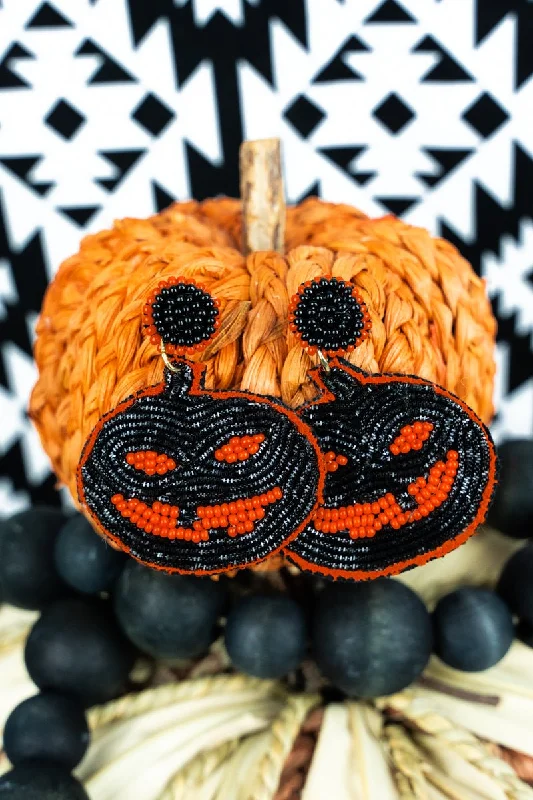 Drop Earrings for Travel Look -SALE! Black Creepy Jack-O'-Lantern Seed Bead Earrings