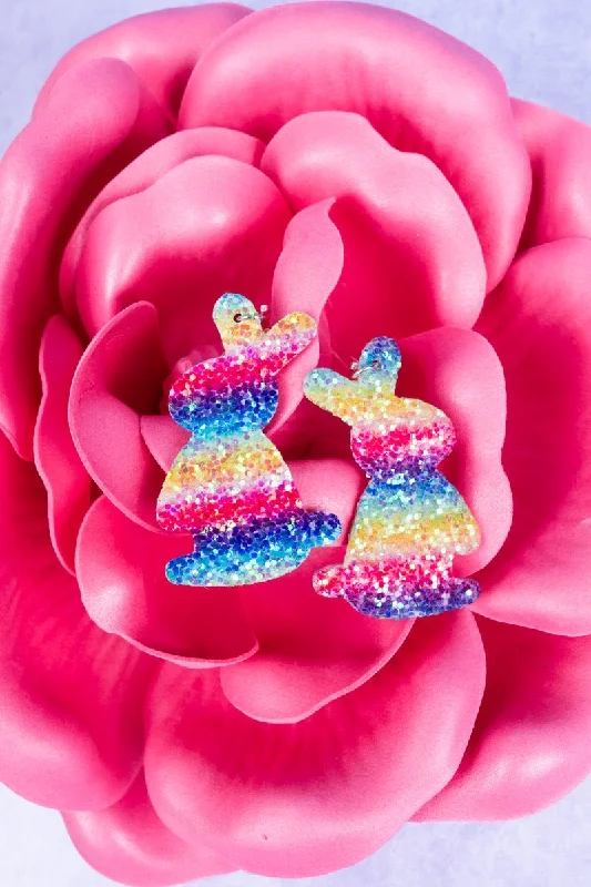 Leverback Drop Earrings for Comfort -Rainbow Glitter Easter Bunny Earrings