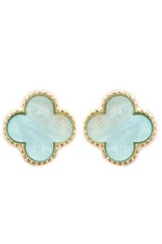 Maximalist Drop Earrings for Bling -Viola Goldtone Trimmed Aqua Shell Quatrefoil Earrings