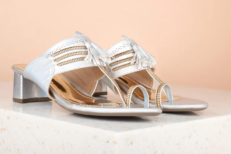 Stylish sandals for women with thick straps and chic buckle details for casual outfits-Women White Holographic One-Toe Block Heels