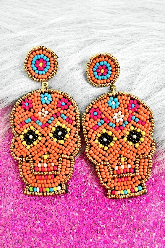 Lightweight Drop Earrings for All Day -SALE! Orange Sugar Skull Seed Bead Earrings