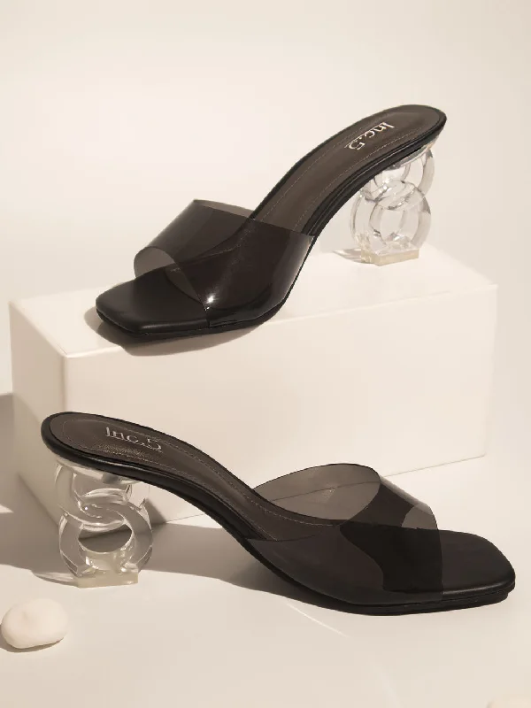 Fashionable sandals for women with ankle straps and chic metallic finishes-Women Black Transparent Block Heels