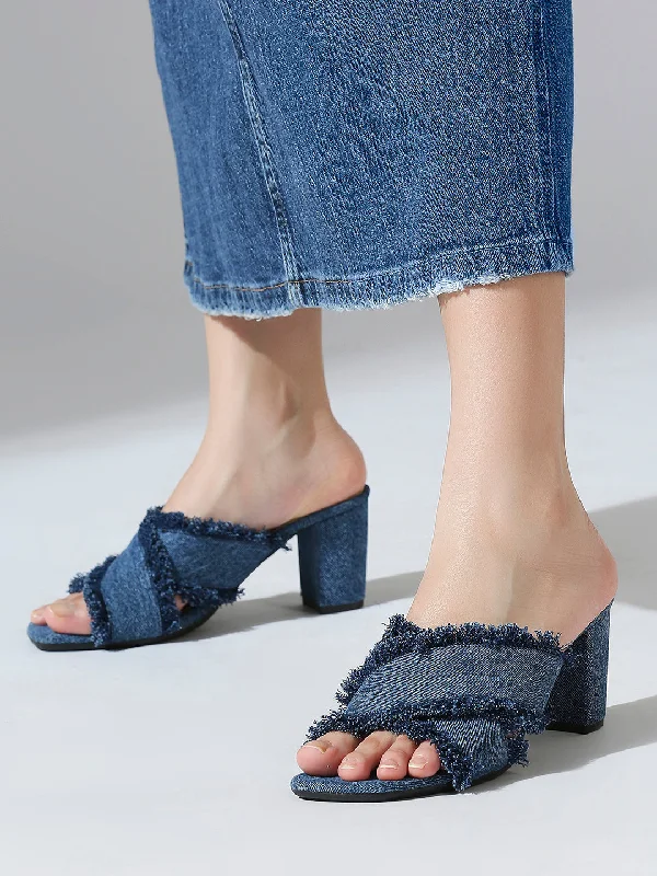 Elegant sandals for women with gold accents and high heels for luxury events-Women Blue Open Toe Denim Block Heels