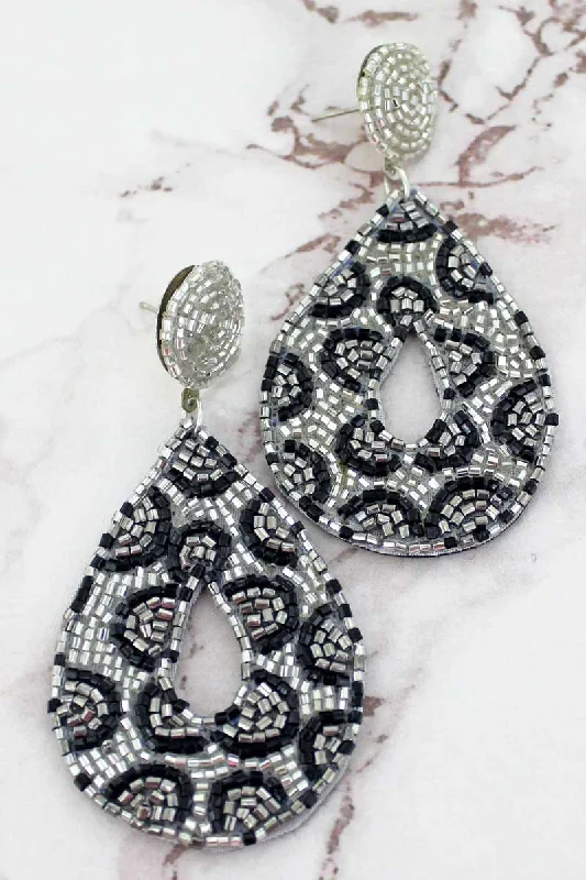 Drop Earrings for Beach Outfit -SALE! Silver Leopard Seed Bead Teardrop Post Earrings