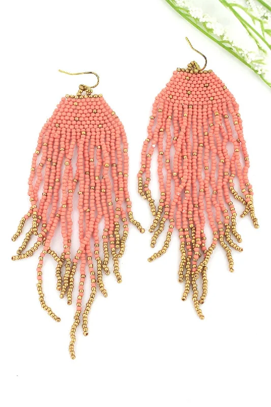 Nickel Free Drop Earrings for Safety -SALE! Orange and Gold Seed Bead Fringe Earrings