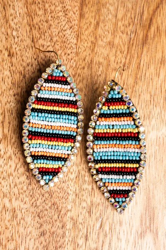 Tarnish Resistant Drop Earrings for Longevity -SALE! Crystal Trimmed Colorful Seed Bead Striped Marquise Earrings