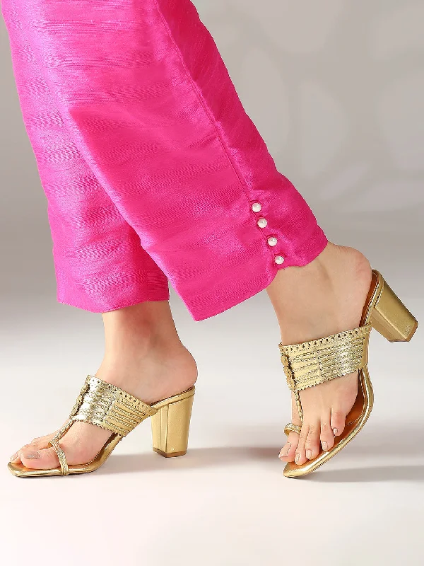 Elegant sandals for women with metallic straps and open-toe design for parties-Women Gold Textured Embellished One-Toe Block Heels