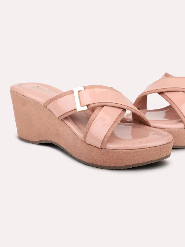 Beach sandals for women with flip-flop style and waterproof construction for comfort-Women Peach Open Toe Wedges Heels