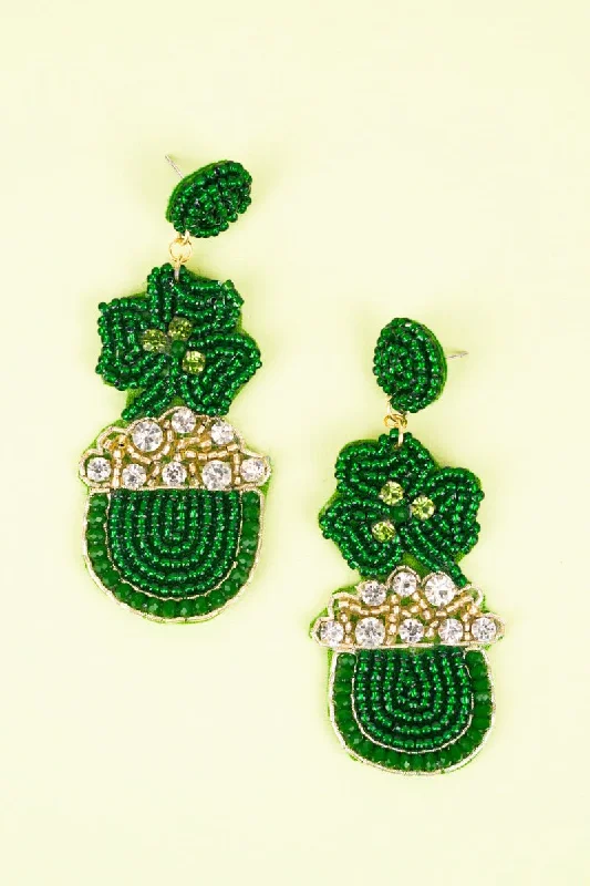 Drop Earrings for Everyday Glamour -Saint Patrick's Day Pot Of Gold and Clovers Seed Bead Earrings