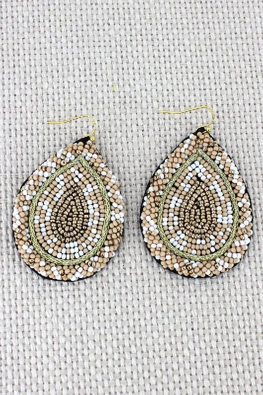 Large Drop Earrings for Statement -SALE! Gold and Ivory Teardrop Seed Bead Earrings