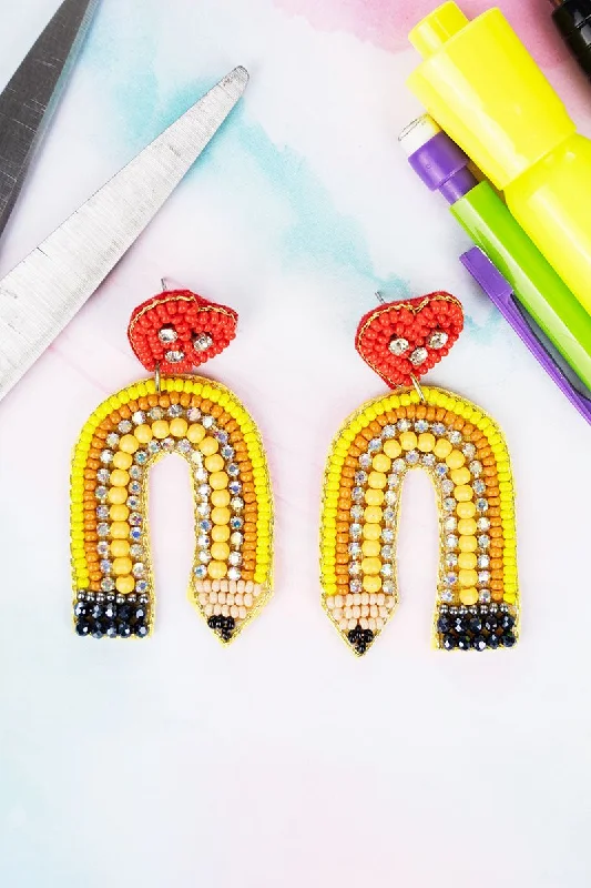 Drop Earrings for Yoga Session -Yellow Crystal Pencil Rainbow Seed Bead Earrings