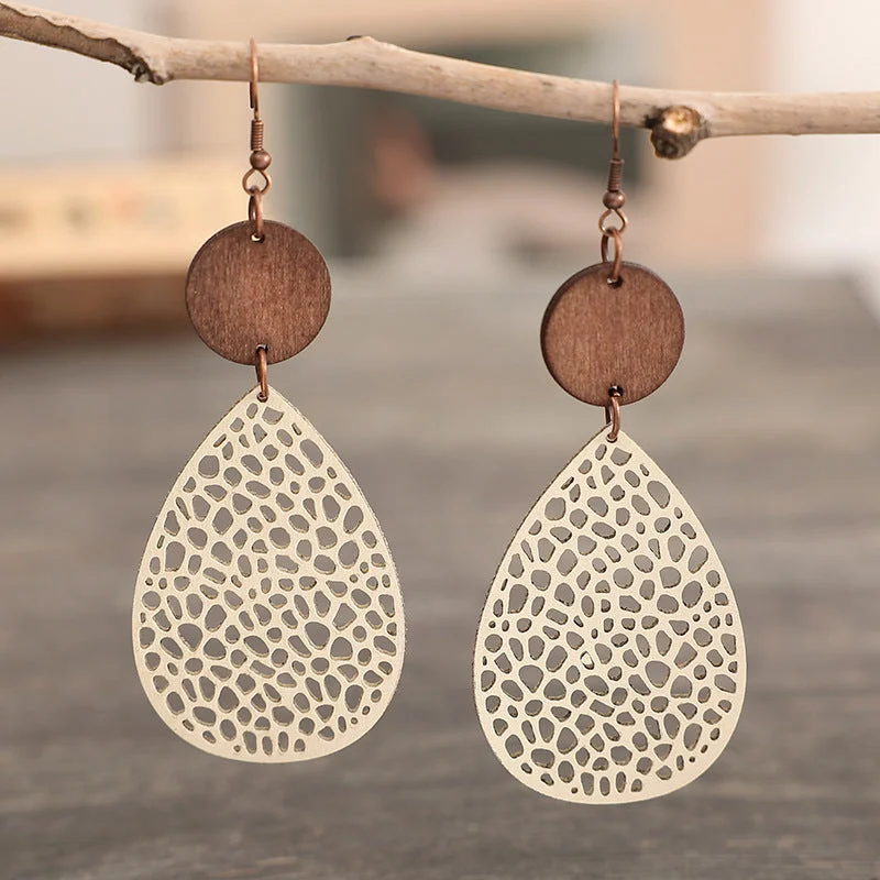 Triangular Drop Earrings for Edge -Wholesale Vintage Hollow Spider Web Spliced Wood Chip Leather Earrings