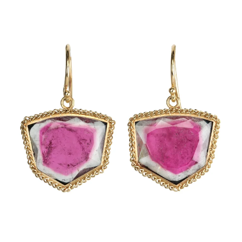 Studded Drop Earrings with Gemstones -Shield-Shaped Watermelon Tourmaline Drop Earrings