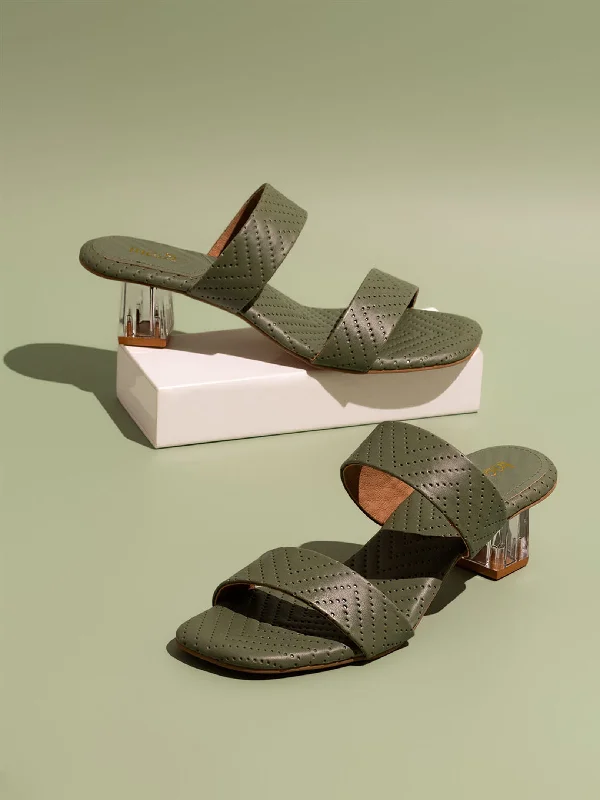 Elegant sandals for women with gold accents and high heels for luxury events-Women Green Textured Open Toe Block Heels