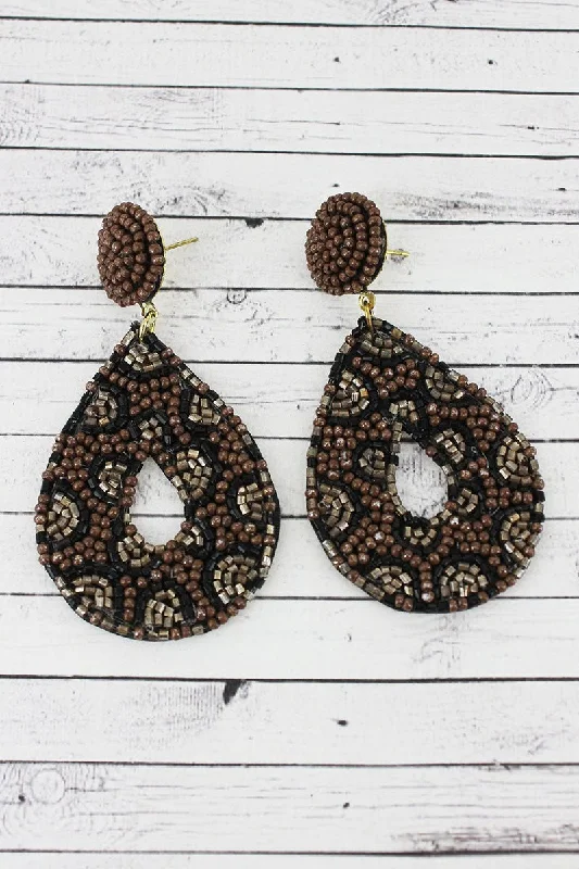 Drop Earrings for Evening Gown -SALE! Brown Leopard Seed Bead Teardrop Post Earrings