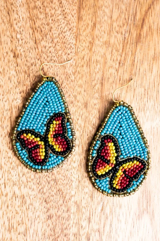 Indian Drop Earrings with Intricacy -SALE! Butterfly Blue Multi Seed Bead Teardrop Earrings