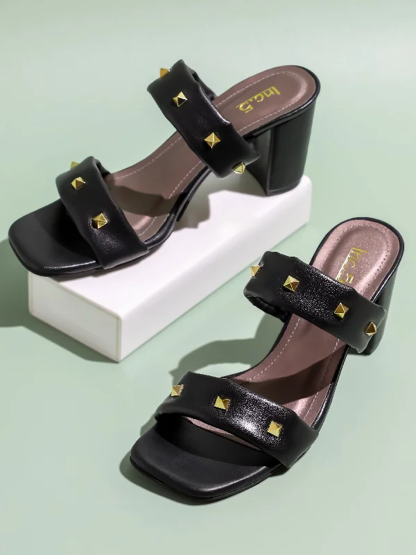 Casual sandals for men with rubber footbed and adjustable buckle for easy wear-Women Black Double Strap Block Heels With Studded