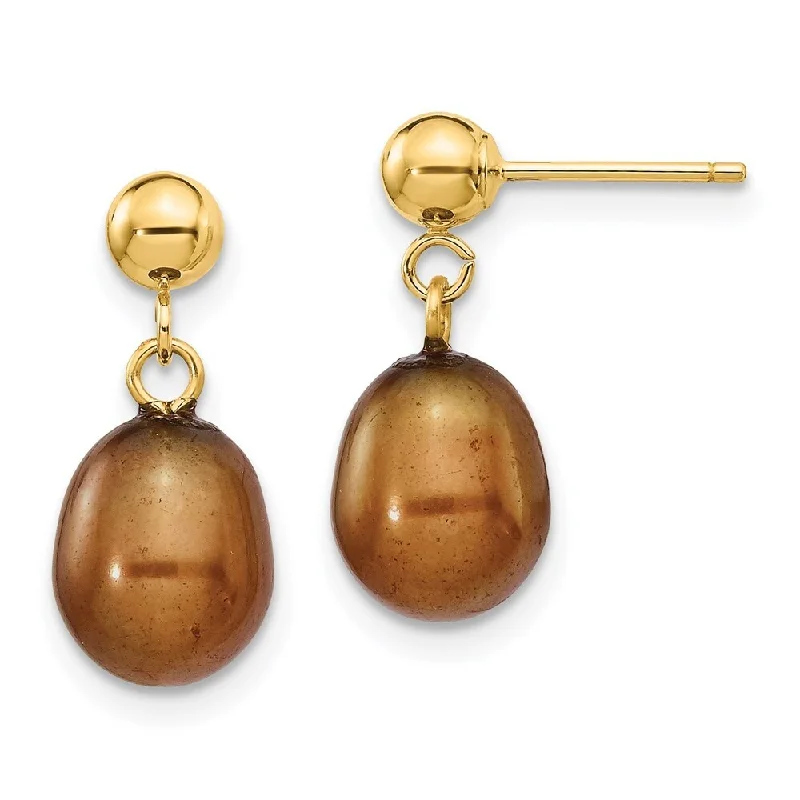 Best hoop earrings with minimal embellishments for a sleek and modern look-14k Yellow Gold Brown Pearl Dangle Earrings (L-17 mm, W-7.5 mm)