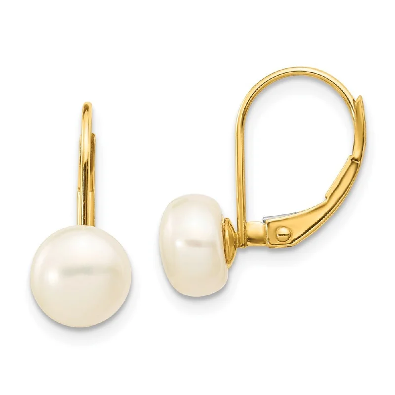 Hoop earrings with leather accents for a sleek and bold combination-14k Yellow Gold Button Pearl Dangle Earrings w/ Leverback (L-19 mm, W-7.5 mm)