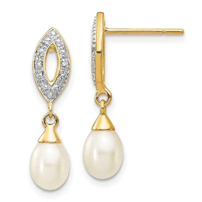 Hoop earrings with gold accents for a warm, elegant statement piece-14k Yellow Gold Diamond And 7x5mm Egg Pearl Dangle Earrings (L-22 mm, W-6 mm)