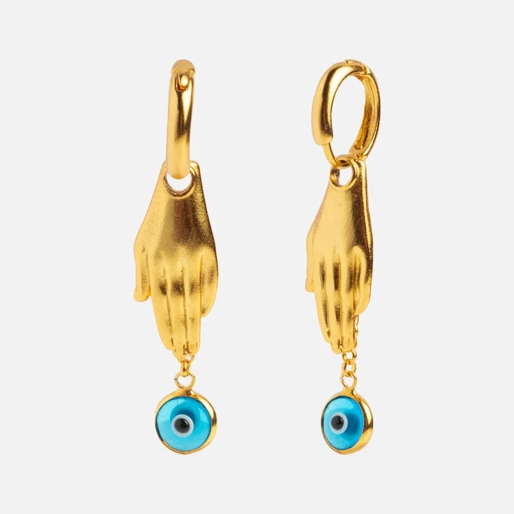 Hoop earrings with oversized pearl accents for a statement-making look-Angelica Palm and Evil Eye Huggie Earrings