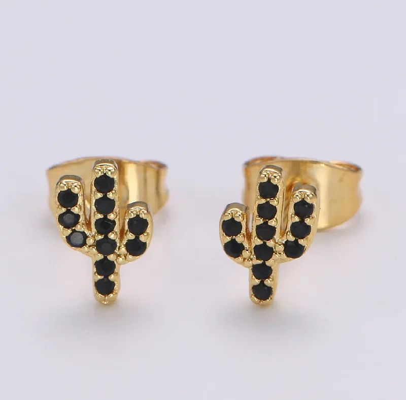 Hoop earrings with gold accents for a warm, elegant statement piece-Gold Plated Black CZ Cactus Studs