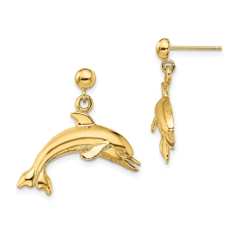 Hoop earrings with removable pendants for a versatile and customizable accessory-Diamond2Deal 14K Yellow Gold Jumping Dolphin Dangle Earrings (L- 0.92 Inch, W-0.96 Inch)