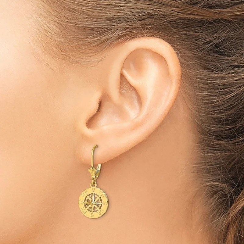 Hoop earrings with open designs for a modern, lighthearted vibe-Diamond2Deal 14K Yellow Gold Mini Nautical Compass Leverback Dangle Earrings (L- 1.25 Inch)