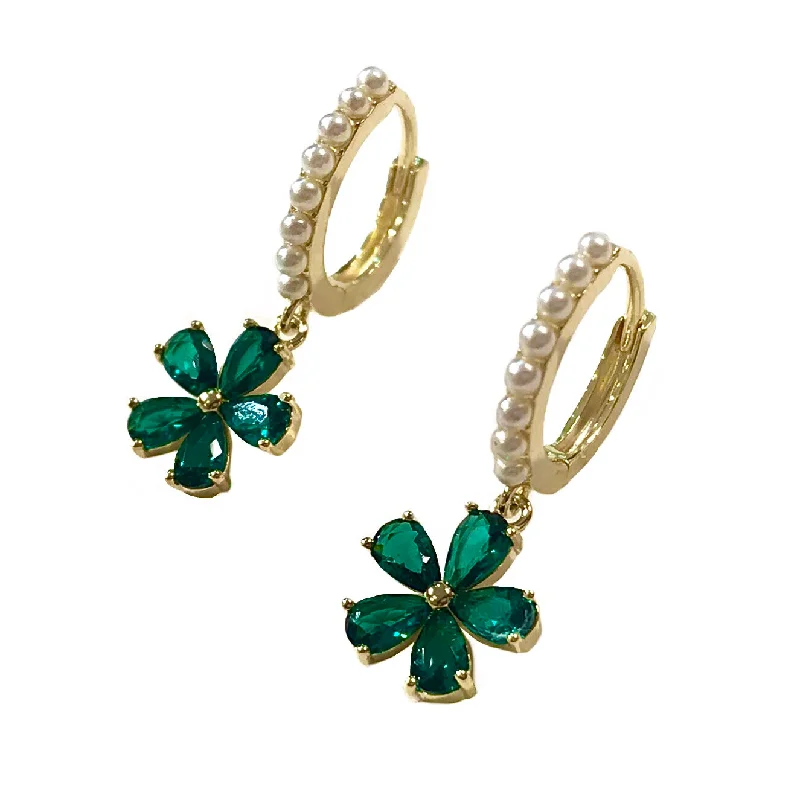 Classic hoop earrings with a thin profile for a sleek and subtle style-Flower Pearl Huggies