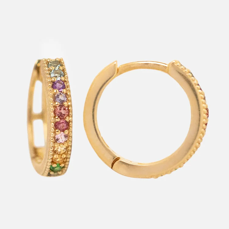 Hoop earrings with circle designs for a classic and timeless shape-Solid Gold Live by the Sun Rainbow Huggie Hoops