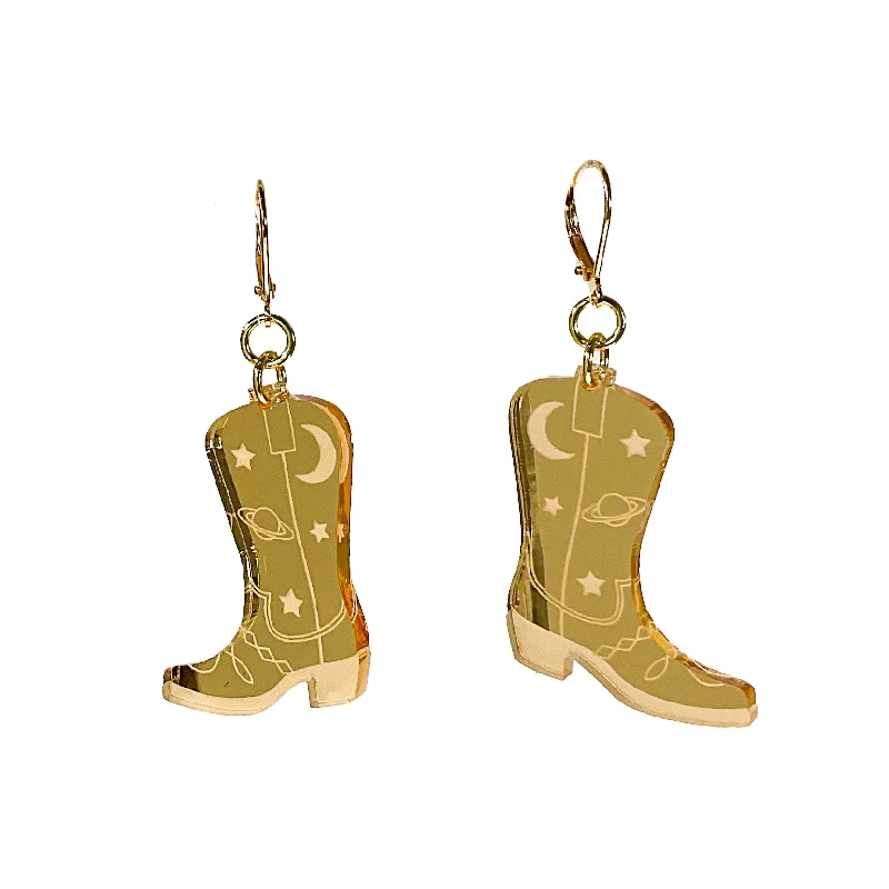 Hoop earrings with removable pendants for a versatile and customizable accessory-Space Cowboy Boot Dangle Earrings- Mirror Gold