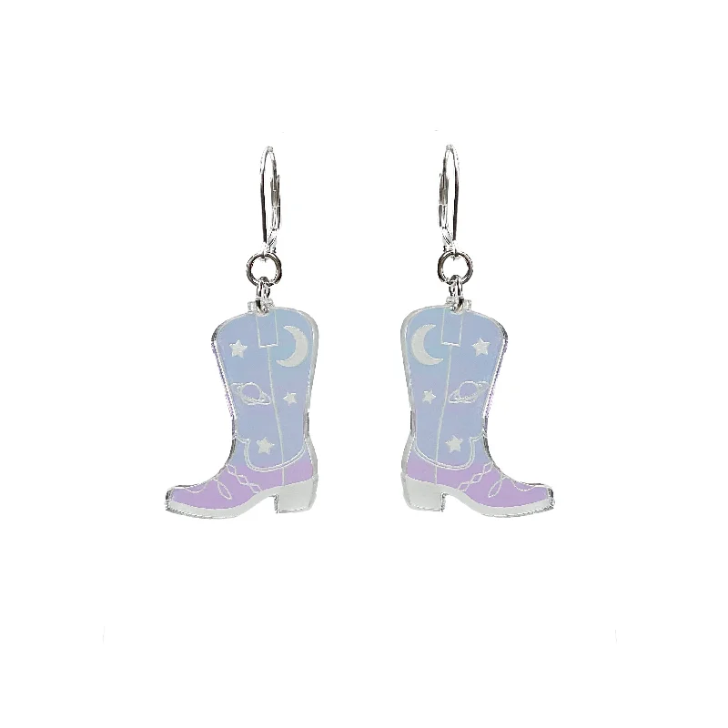 Hoop earrings with rhinestone embellishments for a glamorous and sparkling look-Space Cowboy Boot Dangle Earrings- Iridescent